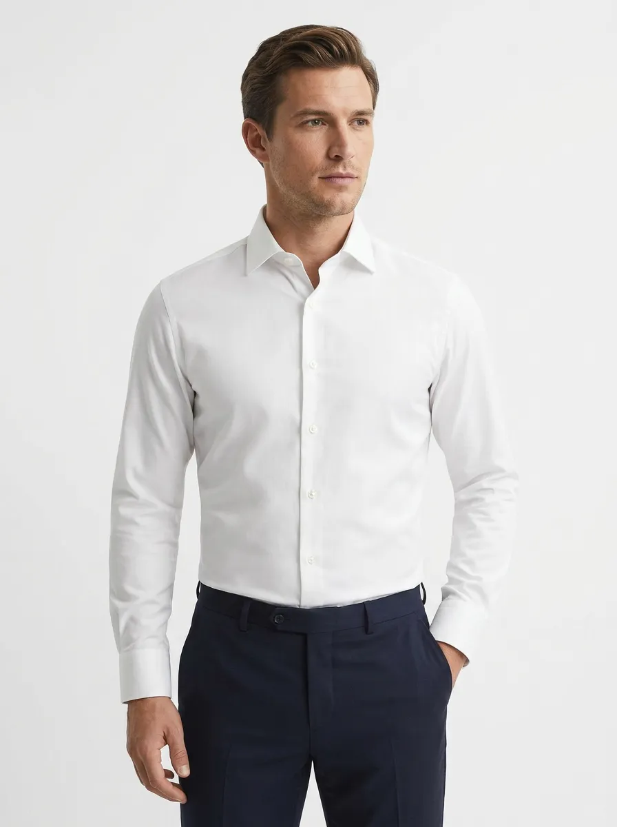 Men's White Spread Collar Long Sleeve Shirt