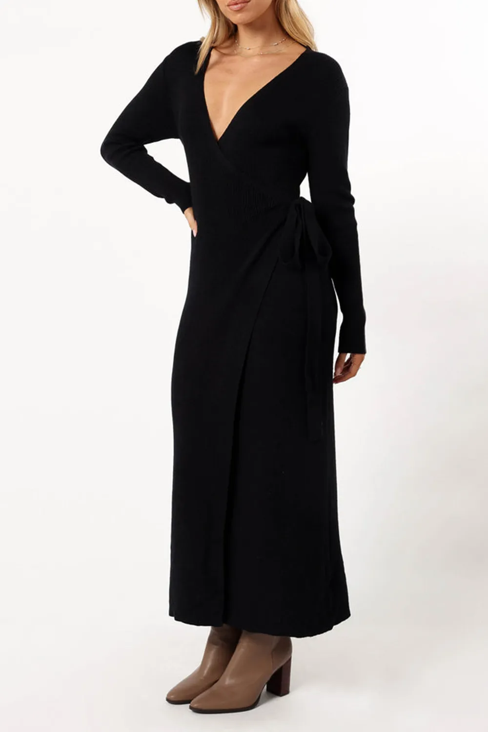 V-NECK BOW WRAP DRESS