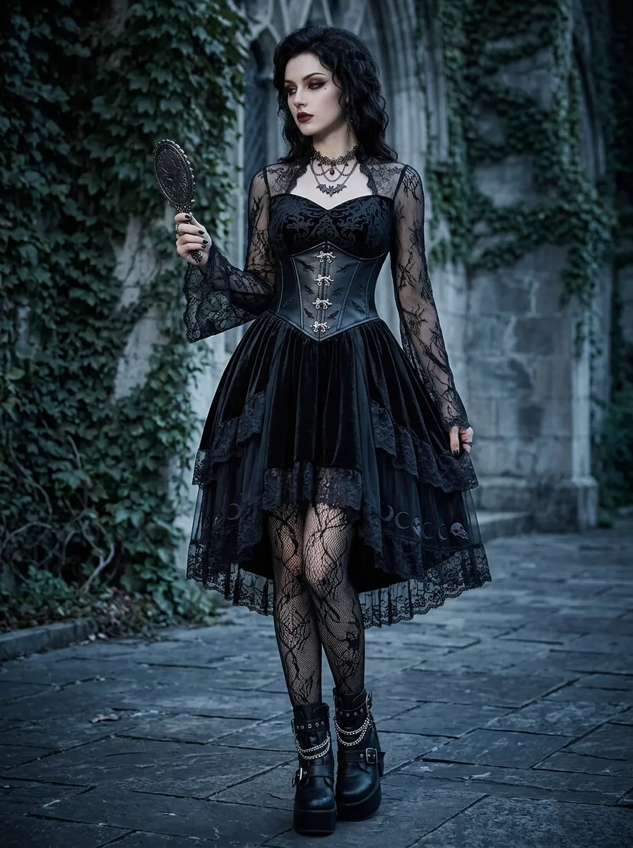 Women's Gothic Moon Phase Lace Corset Printed Mini Dress