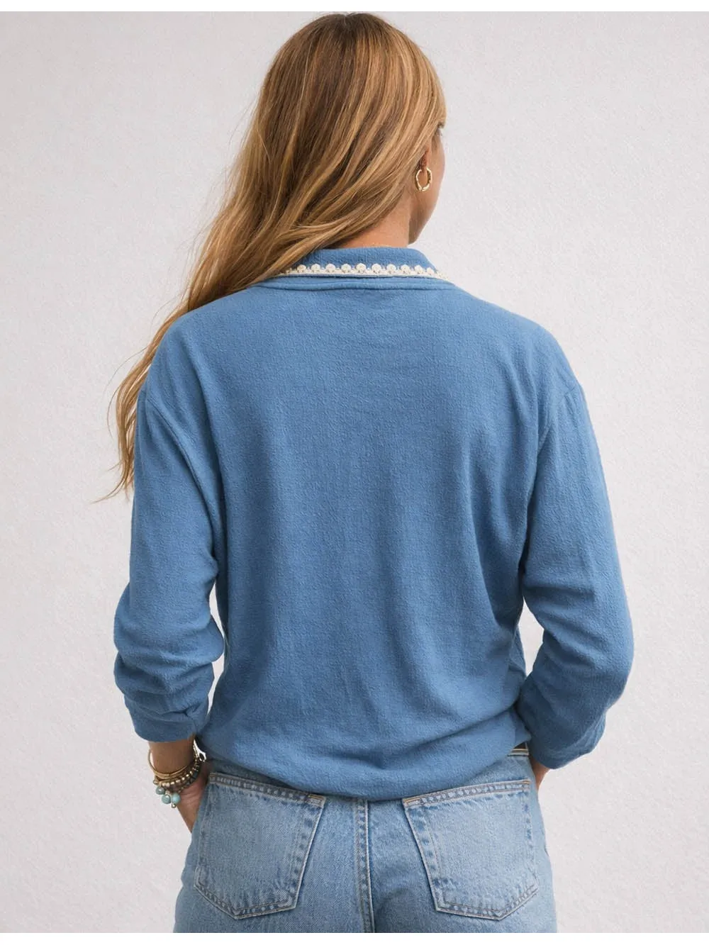 Color Block Neck Button Front Long Sleeves Top