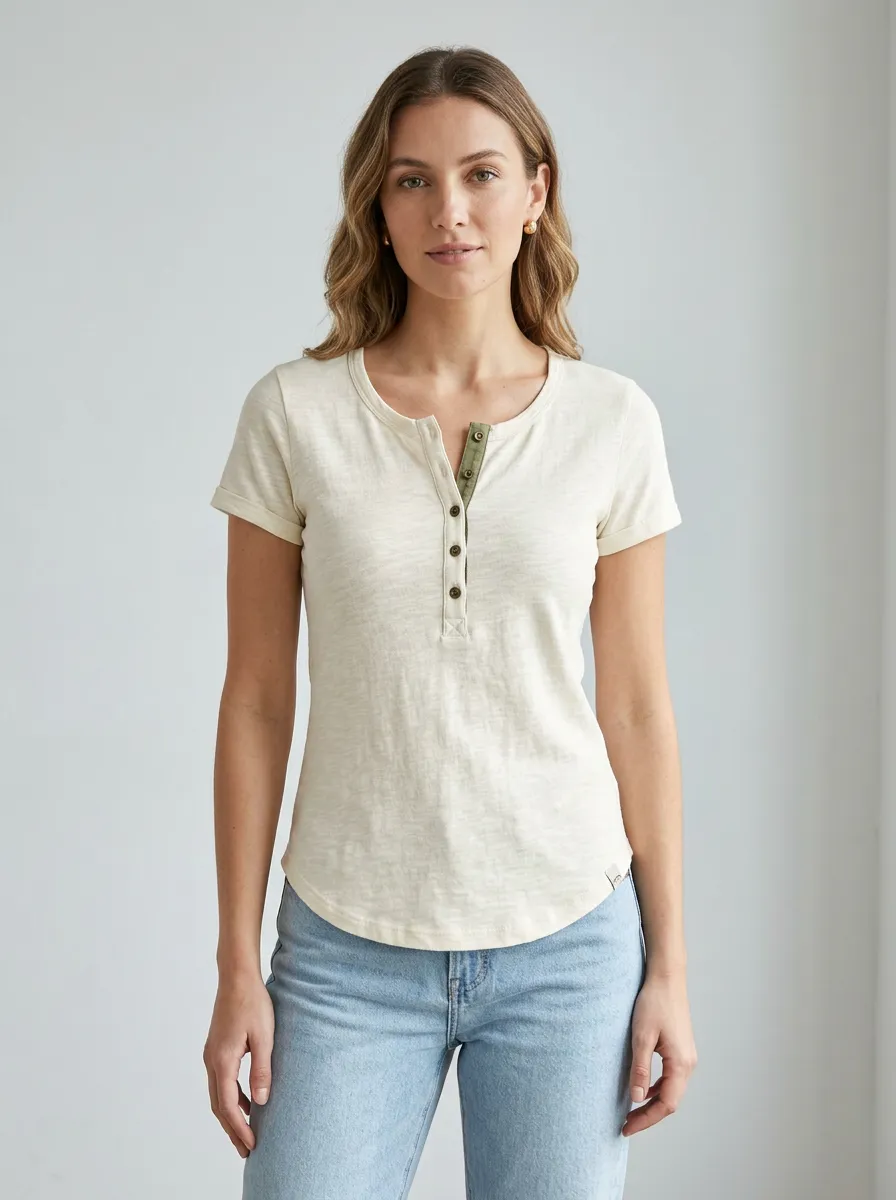 Women's Casual Minimalist Olive Trim Buttoned Henley Shirt