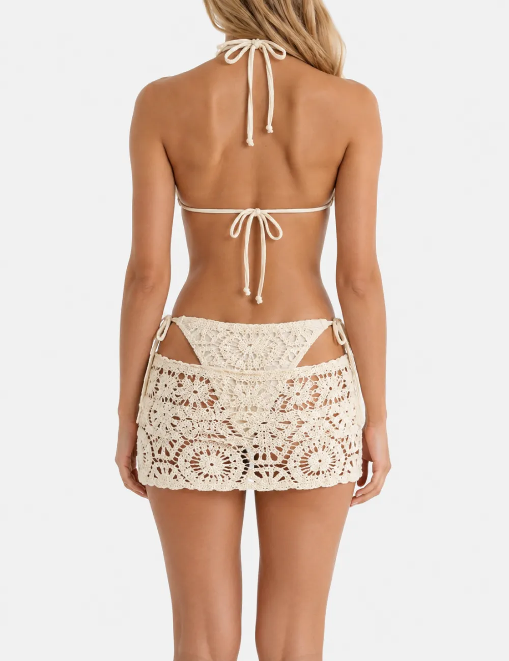 Halter Crochet Knit with Triangle Bikini Set with Skirt