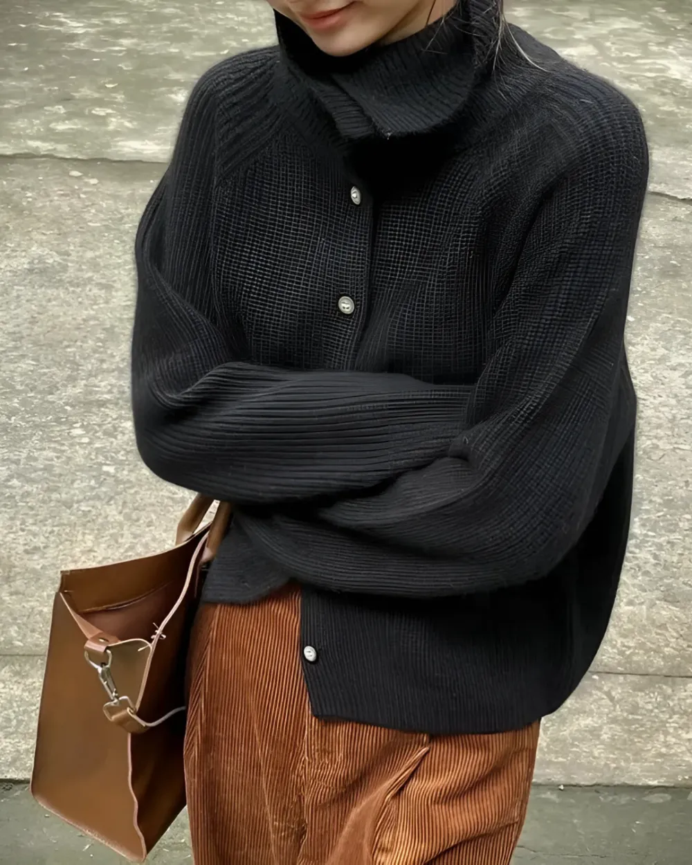 Cashmere Blend Ribbed Turtleneck Knit Cardigan