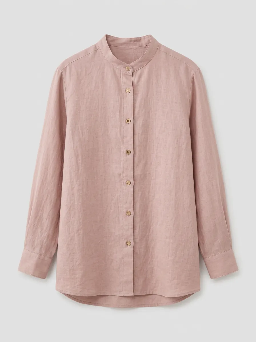 Women's Casual Pink Linen Blend Mandarin Collar Button Up Shirt
