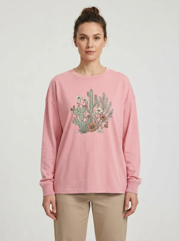 Women's Cactus Graphic Long-Sleeve Crew-Neck T-Shirt