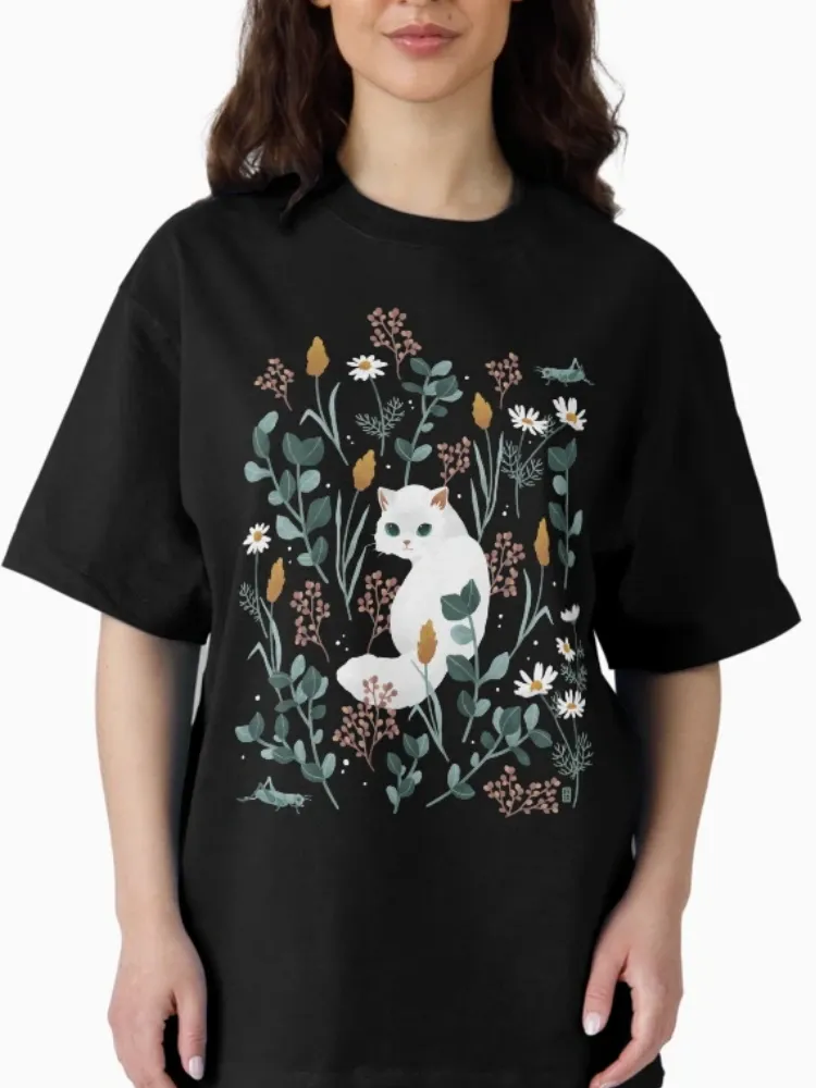 Women's Stylish Garden Cat & Floral Print Crew Neck Short-Sleeve T-Shirt
