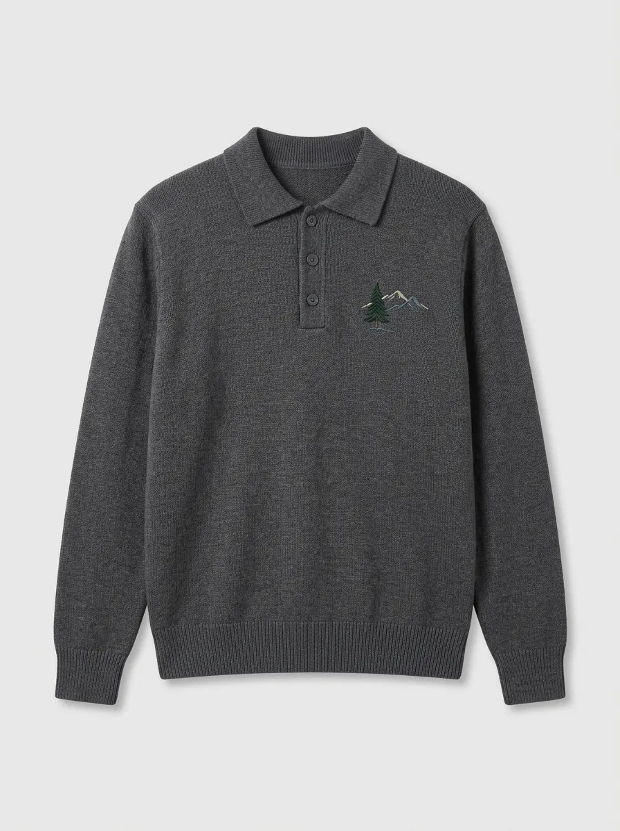 Men's Mountain Pine Embroidered Polo-Collar Knit Sweater
