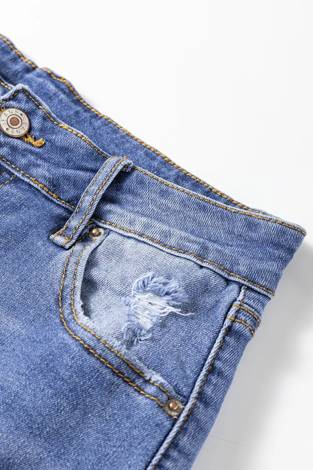 Mid Rise Straight Leg Distressed Denim Jeans