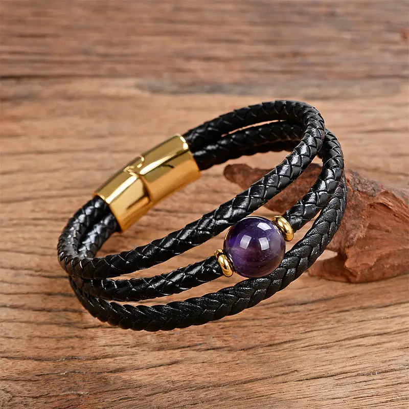 Bead Tiger Eye Amethyst Craved Leather Bracelet