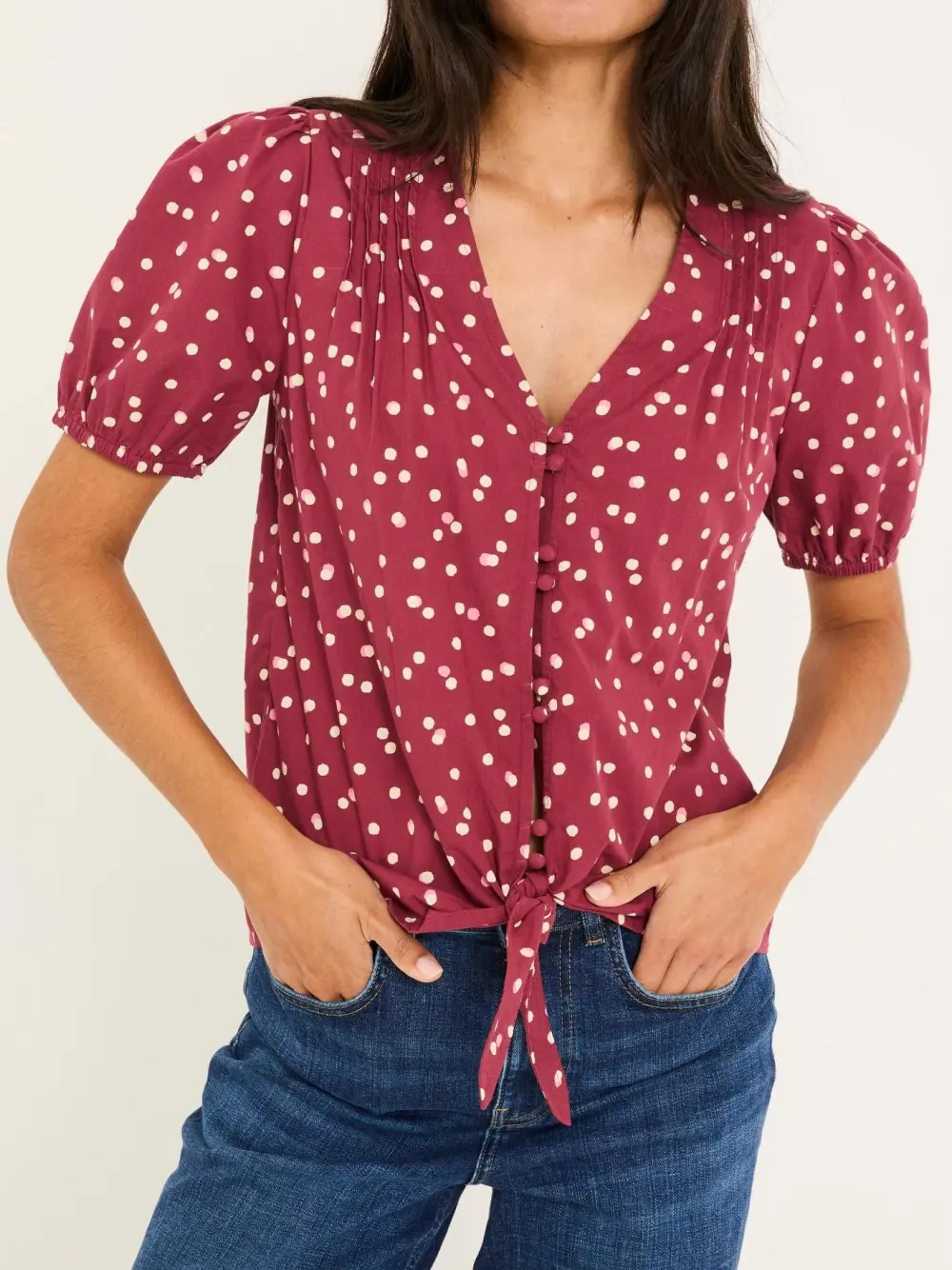 Burgundy Button Mixed Media Blouse