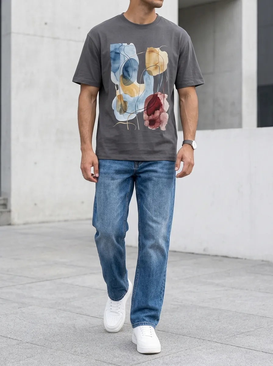 Men's Abstract Watercolor Art Printed T-Shirt and Jeans Set