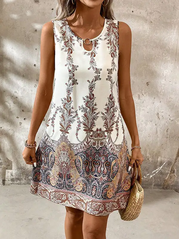 Refined A Line Relaxed Hollow Printed U Neck Mini Dress