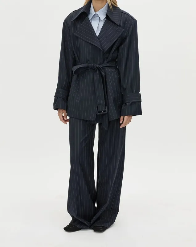 Navy Stripe Short Trench Coat