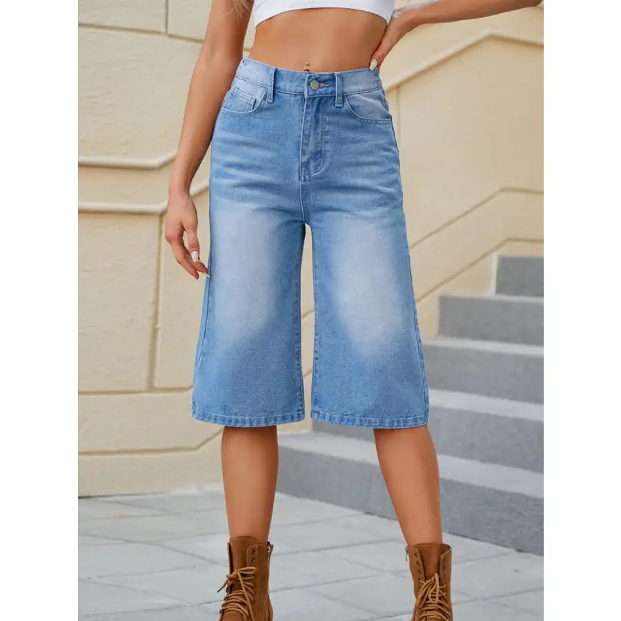 Relaxed High Waist Denim Shorts with Pockets