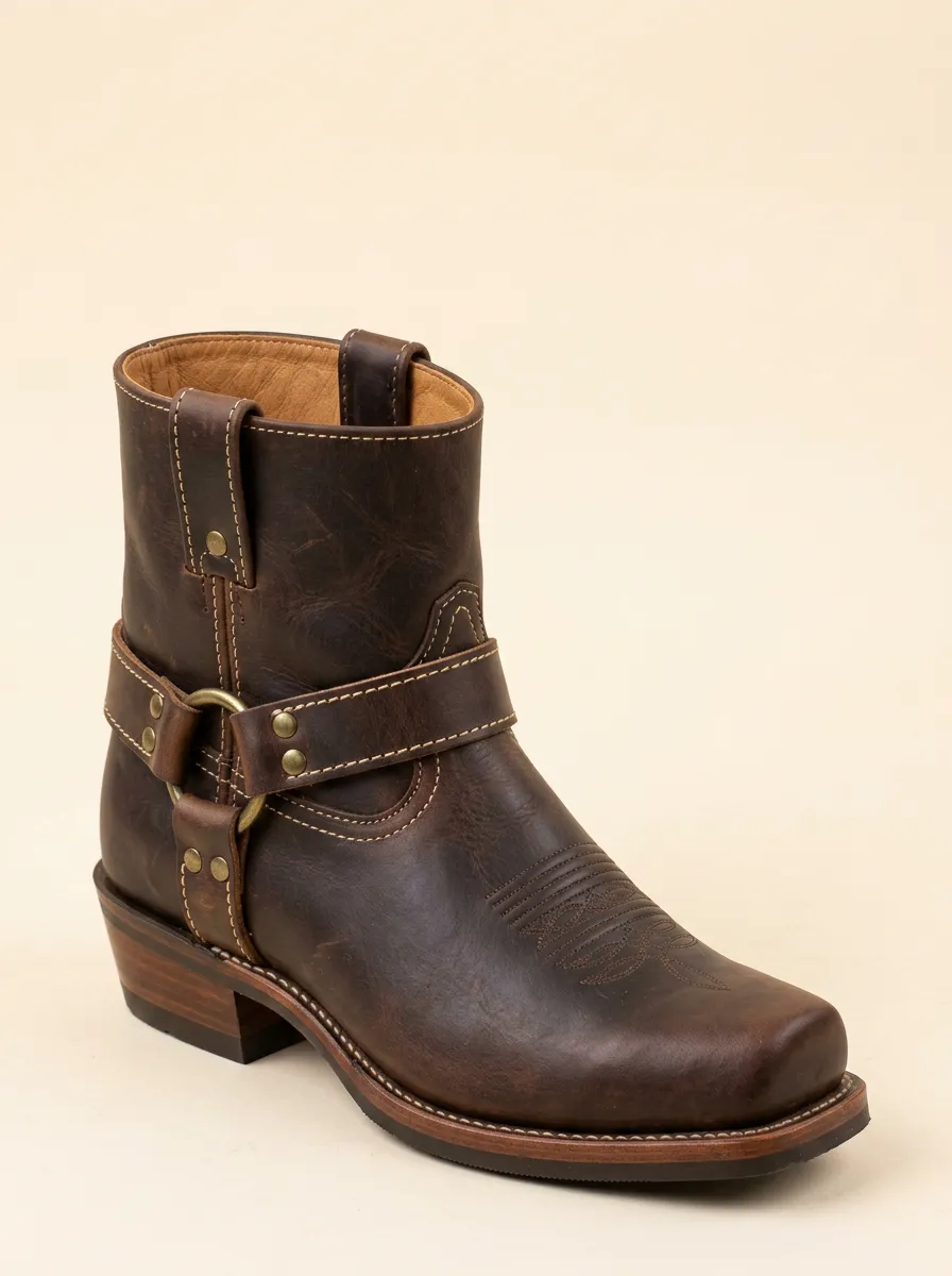 Men's Western Cowboy Brown Leather Harness Printed Boots