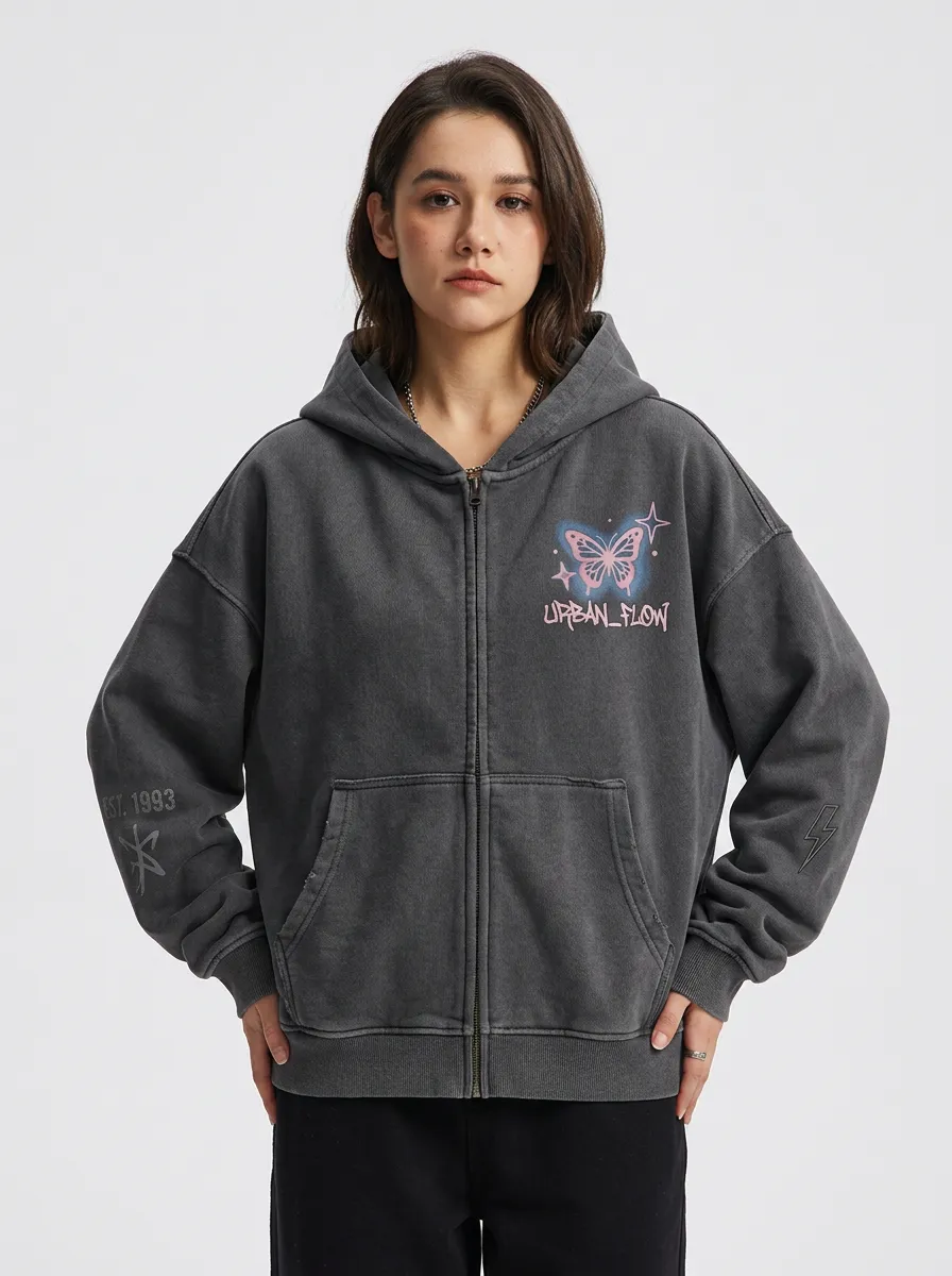 Women's Streetwear Urban Flow Butterfly Printed Zip-up Hoodie