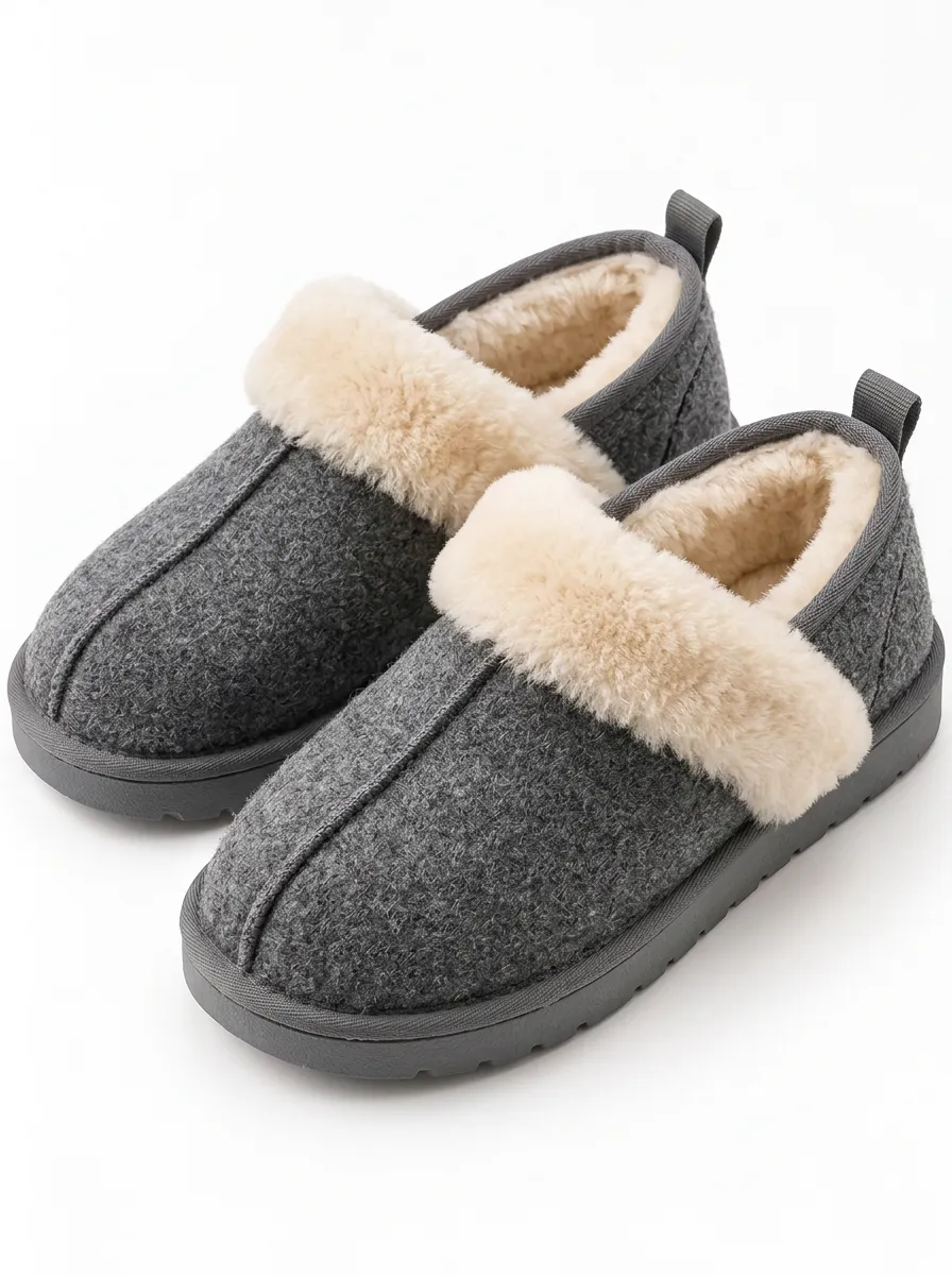 Grey Slippers with wool texture detailing for Laid Back Wear