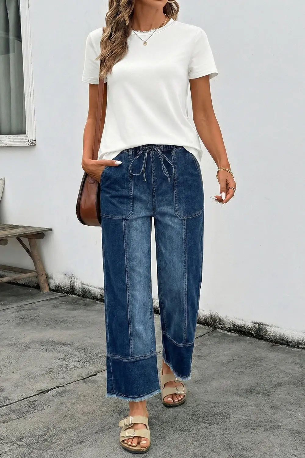 Women's Drawstring Raw Hem Wide Leg Denim Pants