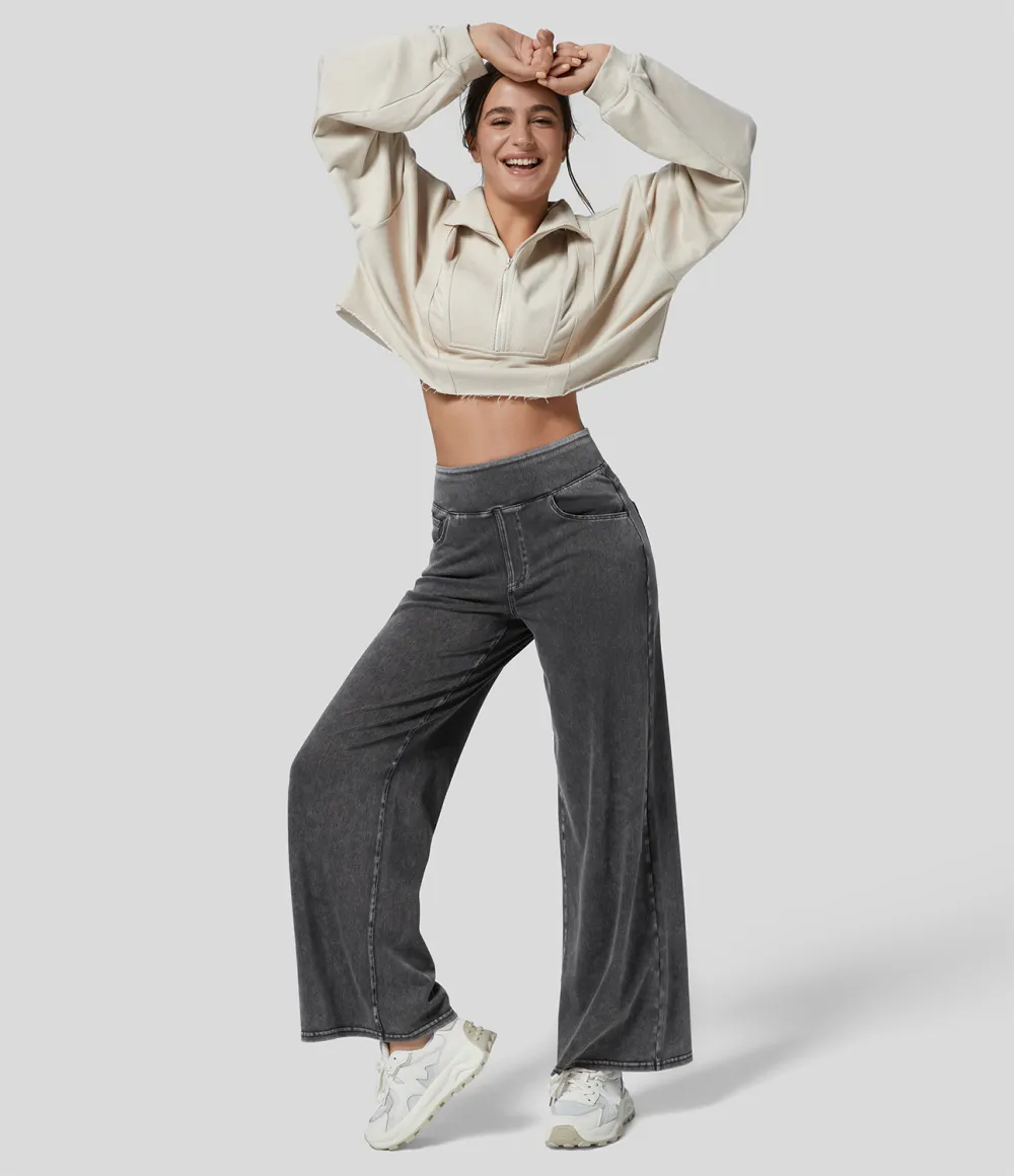 Magic High Waisted Multiple Pockets Wide Leg Loose Stretchy Knit Work Jeans