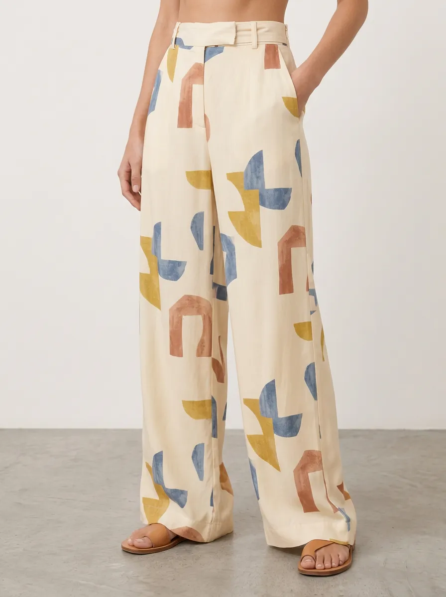 Women's Geometric Abstract Soft Detail Printed Wide Leg Pants