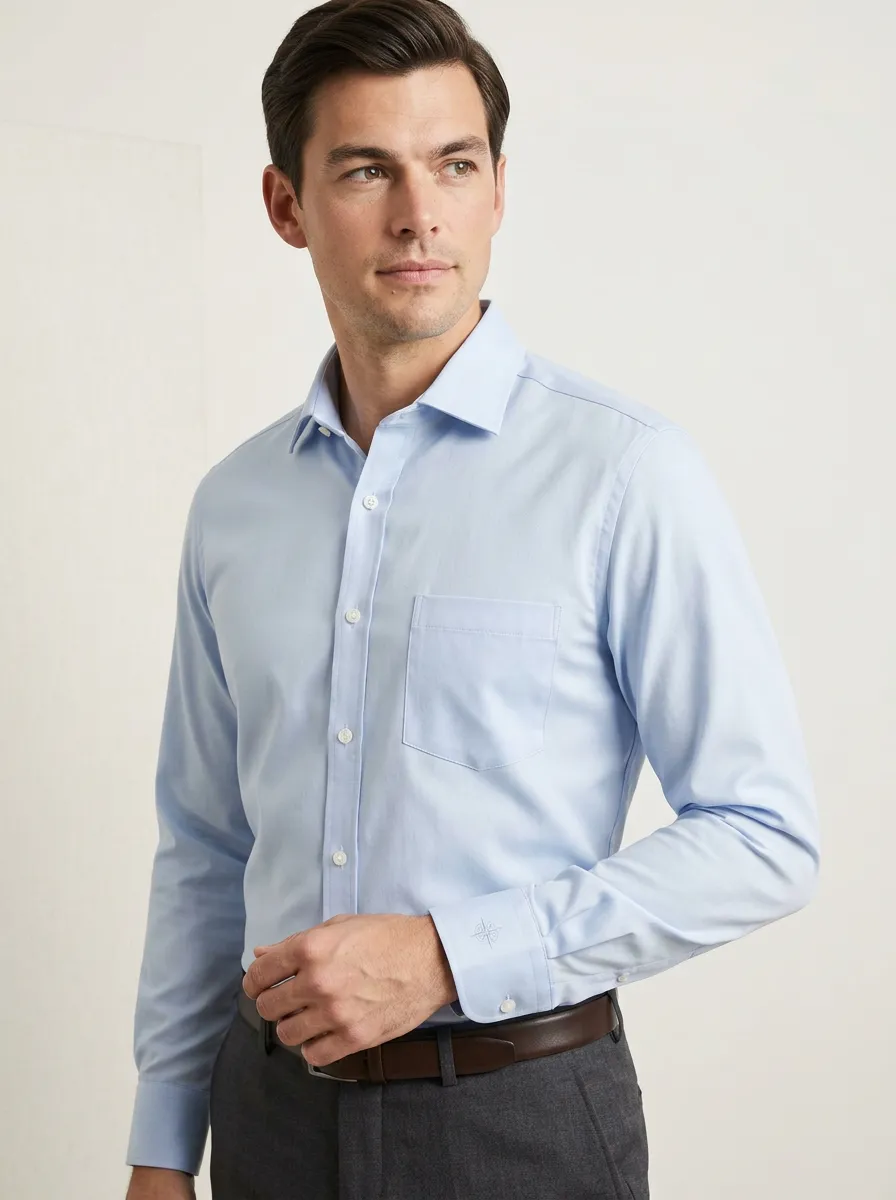 Men's Non-Iron Cotton Light Blue Compass Embroidered Dress Shirt