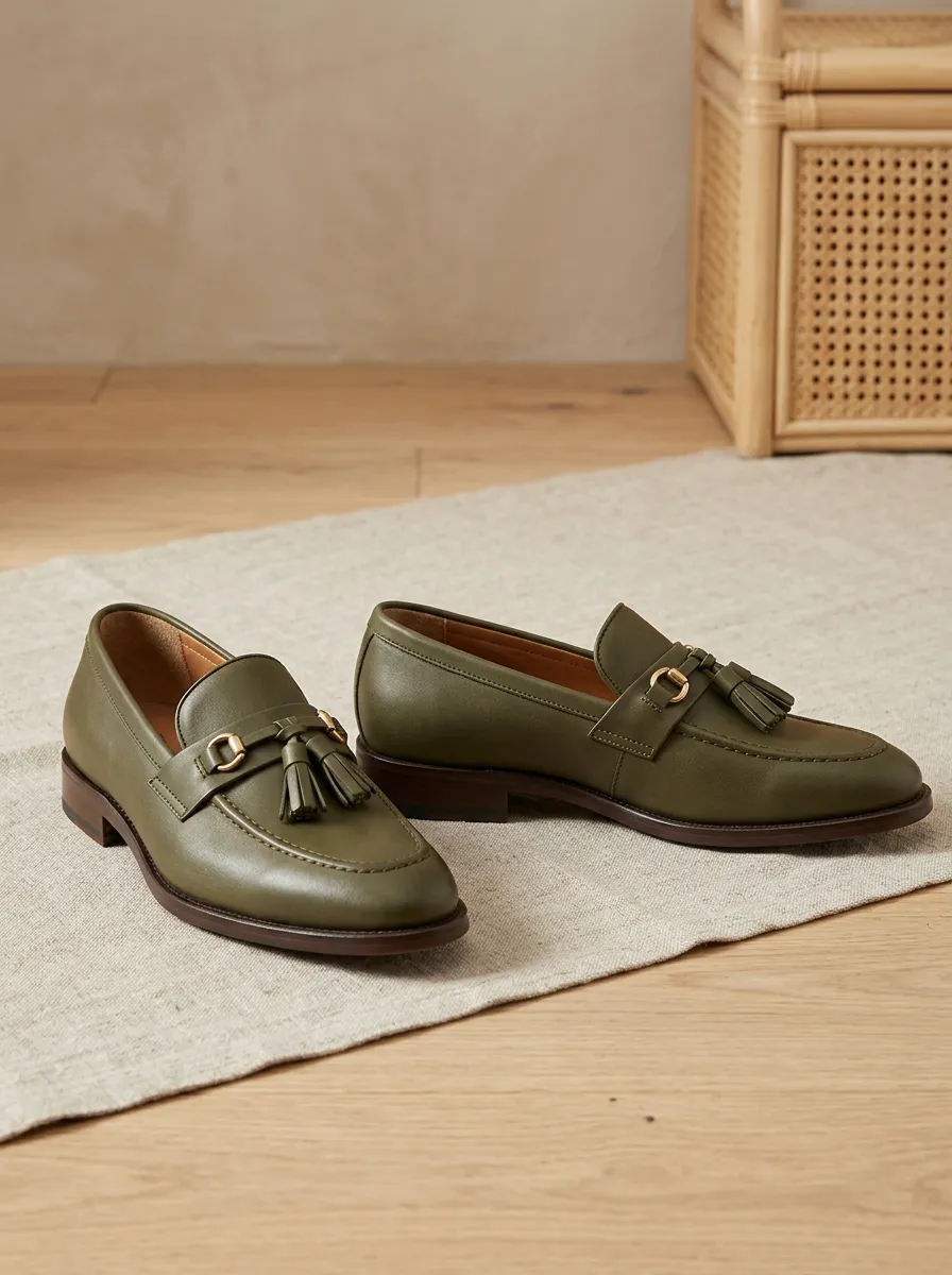 Unisex Olive Green Tassel Horsebit Leather Loafers