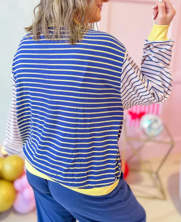 Striped Crew Neck Ribbed Relaxed Stretch Fabric Long Sleeve Top