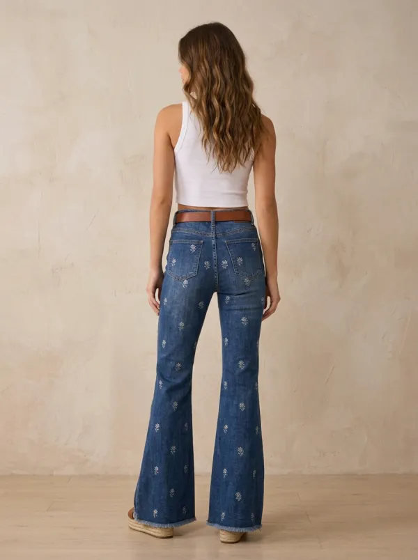 Women's Boho Style Floral Embroidered Printed Flare Jeans
