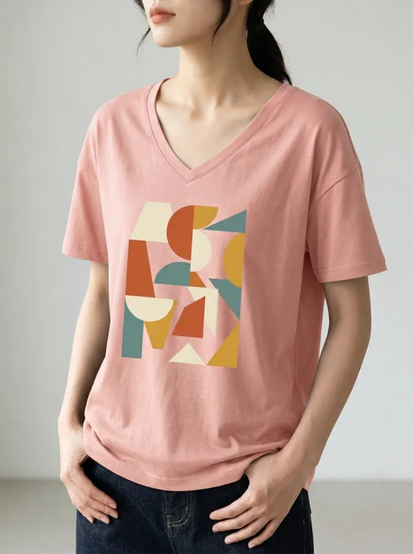 Women's Abstract Art Geometric Shapes Printed V-Neck T-Shirt Relaxed Design