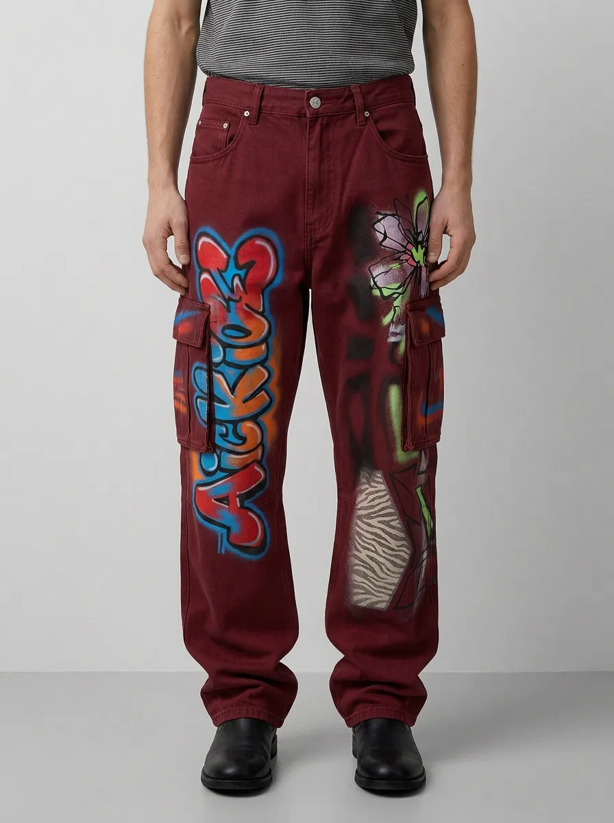Men's Canvas Graffiti Floral Graphic Cargo Jeans