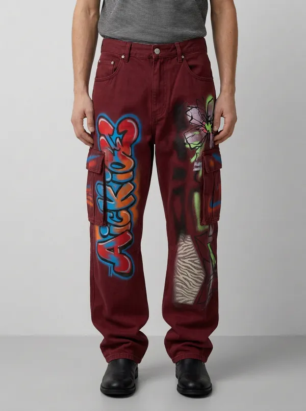 Men's Canvas Graffiti Floral Graphic Cargo Jeans