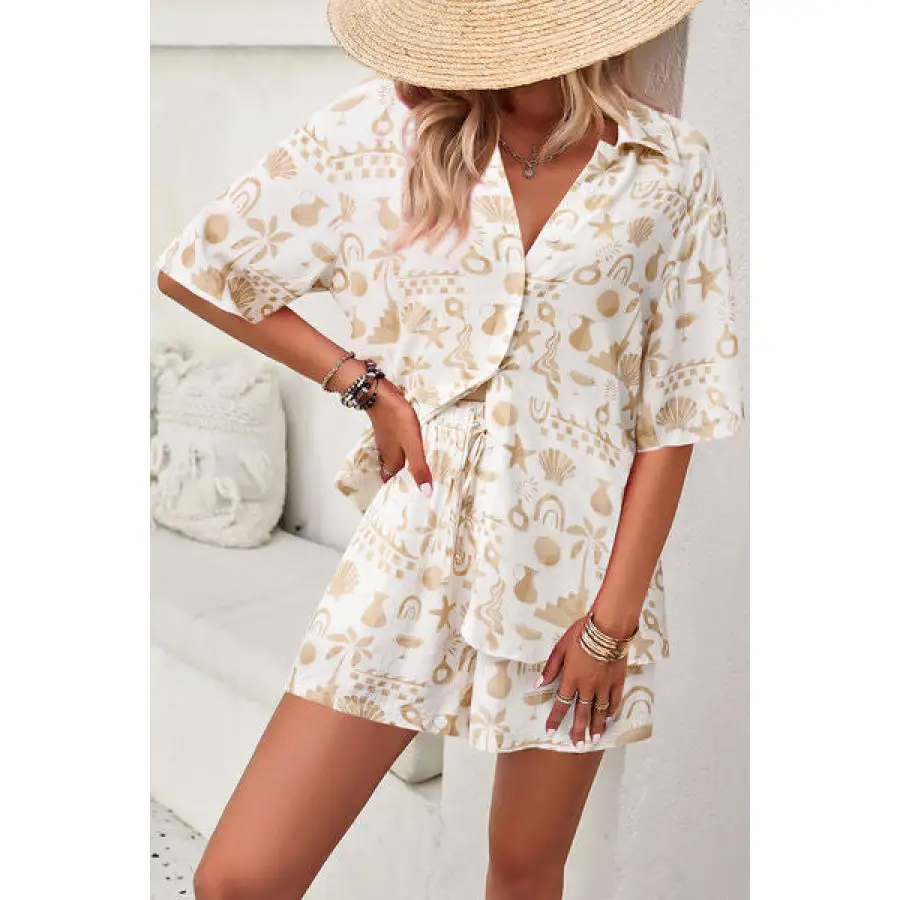 Vacation Printed Button Up Shirt and Shorts Set