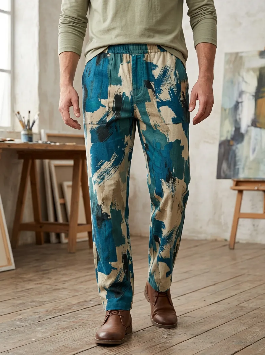 Men's Brushstroke Print Elastic-Waist Trousers