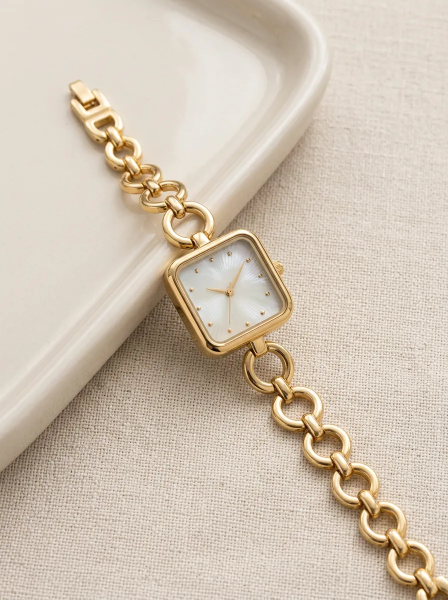Women's Minimalist Square Dial Mother of Pearl Gold Chain Watch