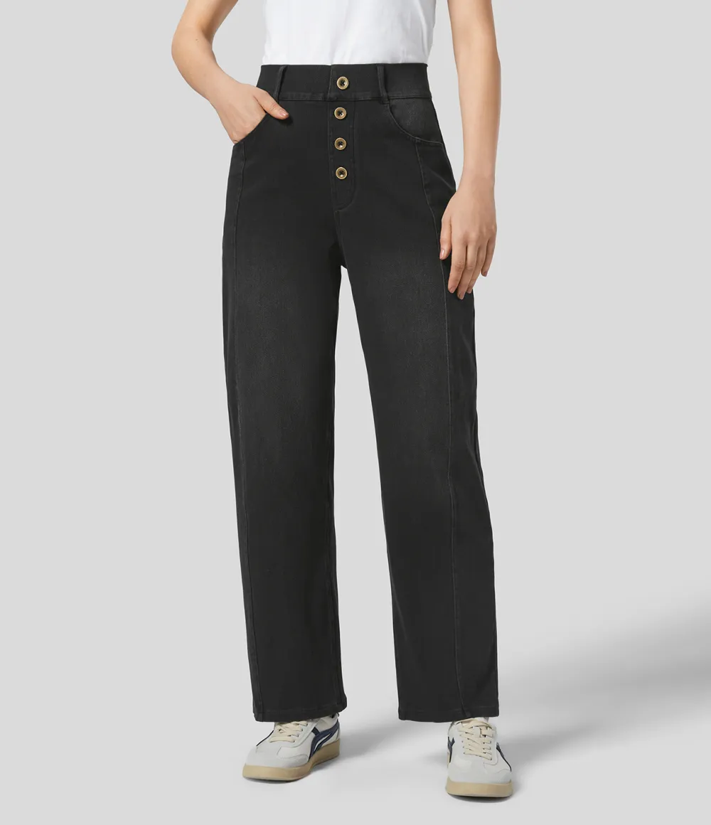 Magic High Waisted Decorative Button Multiple Pockets Straight Leg Stretchy Knit Casual Boyfriend Jeans