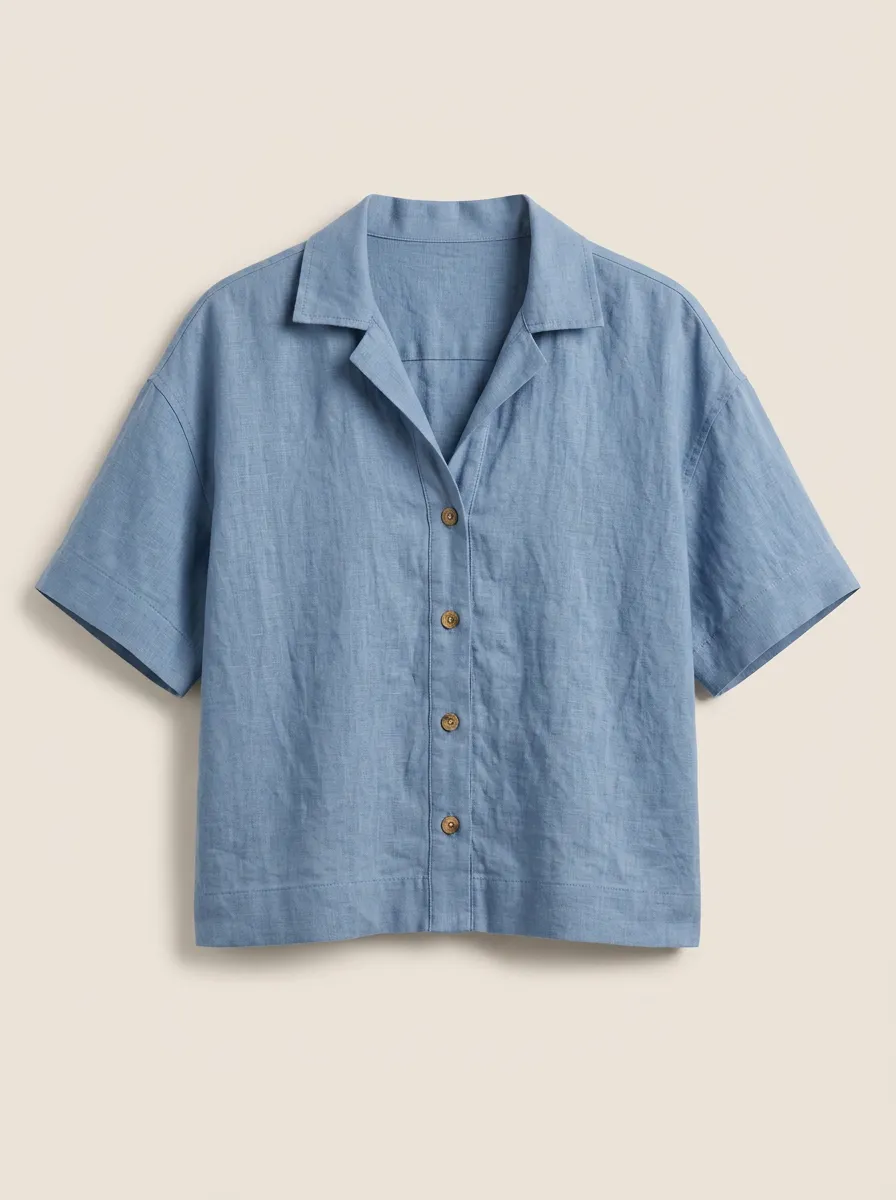 Women's Casual Blue Linen Blend Button Down Short Sleeve Shirt