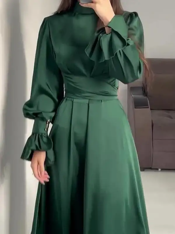 Sleeves Color Pleated Long Neck Maxi Dress