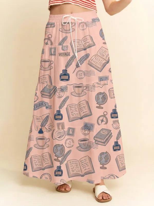 Women's Book Lover Vintage Travel Printed Maxi Skirt