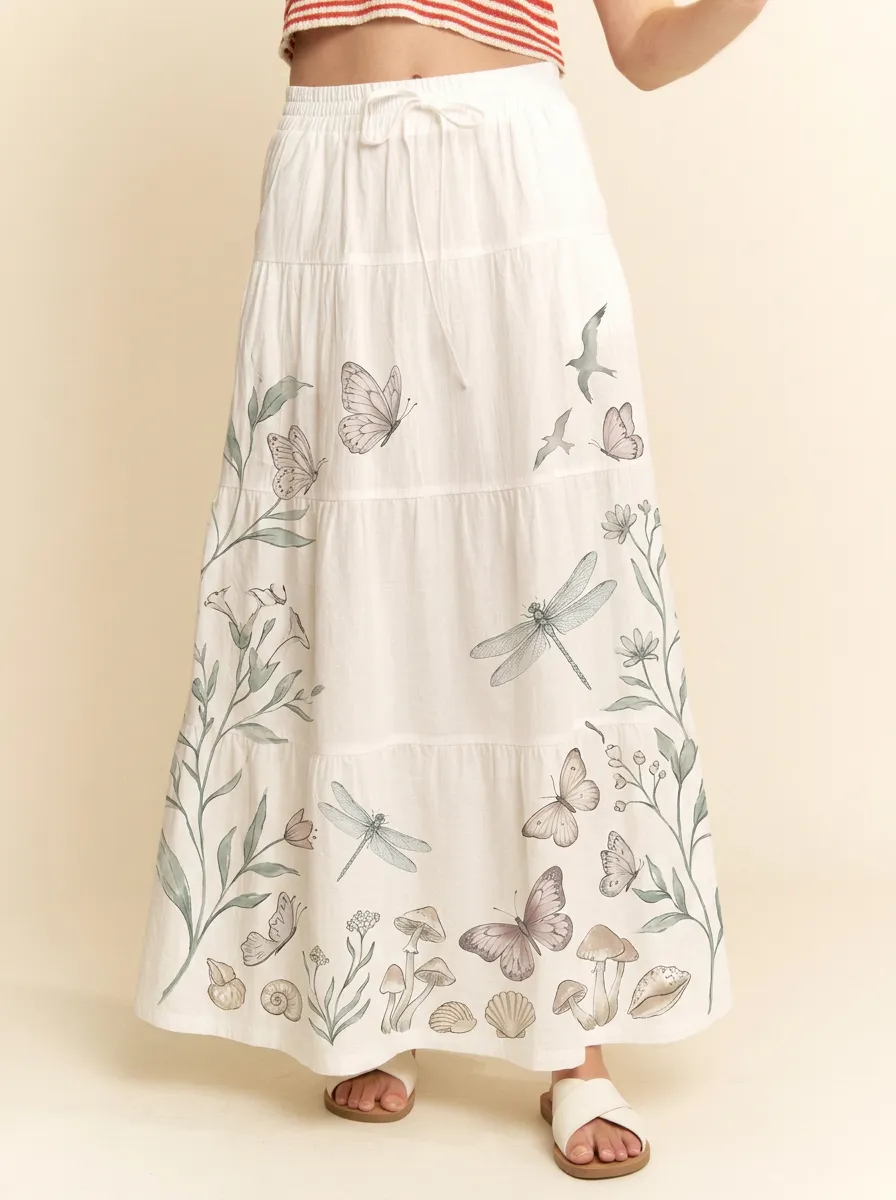 Women's Nature Lover Butterfly Dragonfly Mushroom Printed Maxi Skirt