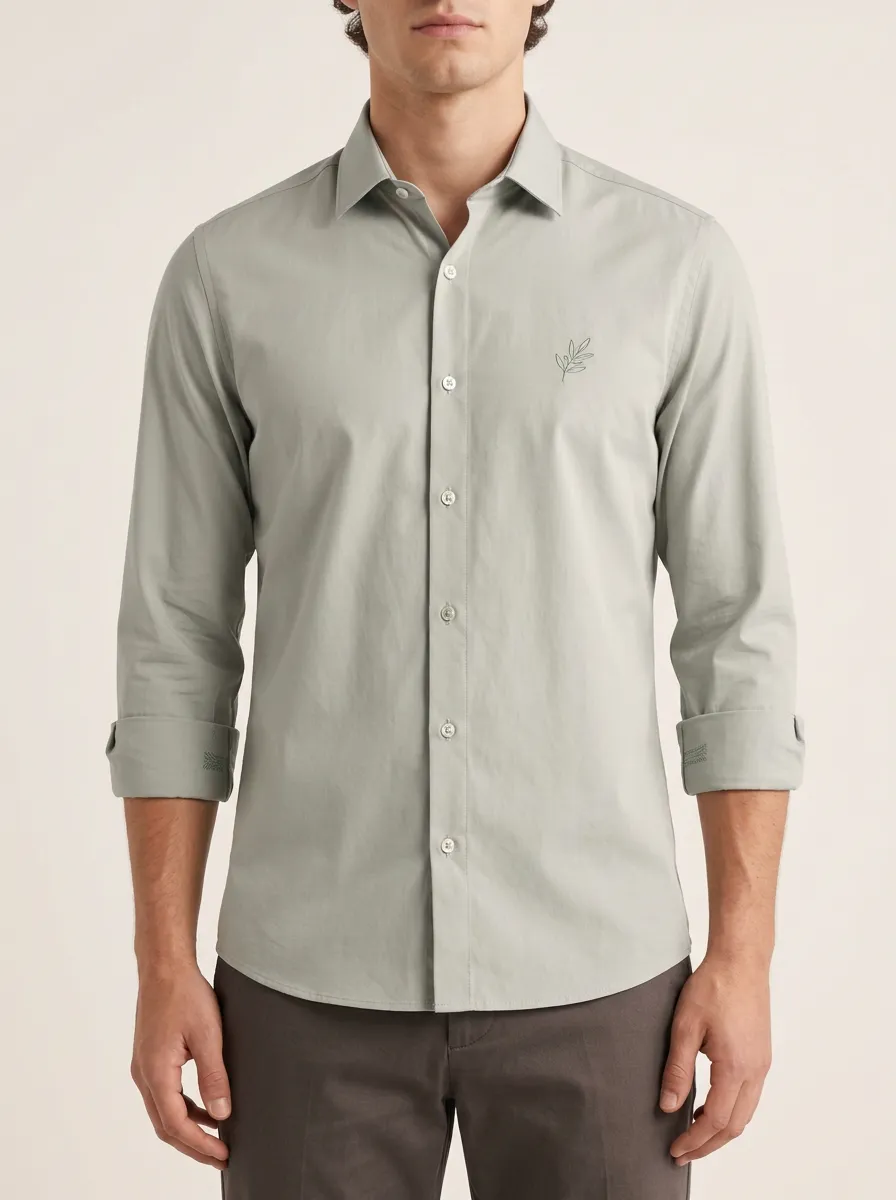 Men's Non-Iron Cotton Olive Leaf Embroidered Button-Down Shirt
