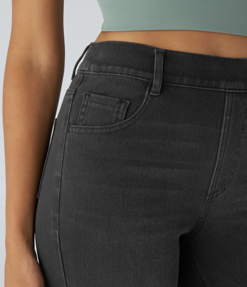 Magic High Waisted Multiple Pockets Straight Leg Washed Stretchy Knit Casual Jeans
