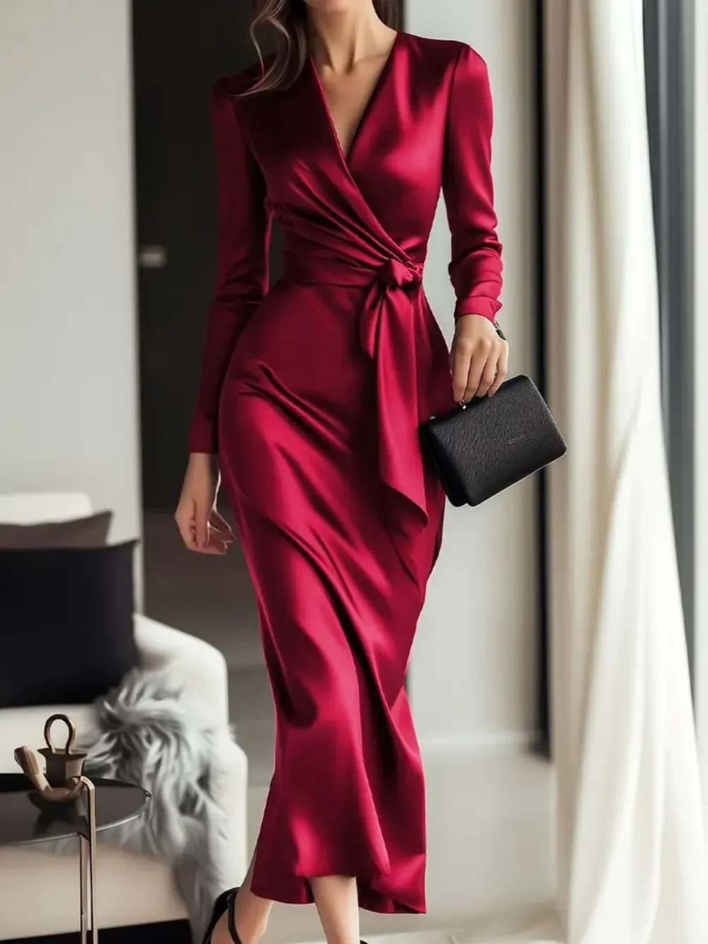 Satin Tie Waist Long Sleeve Dress Casual