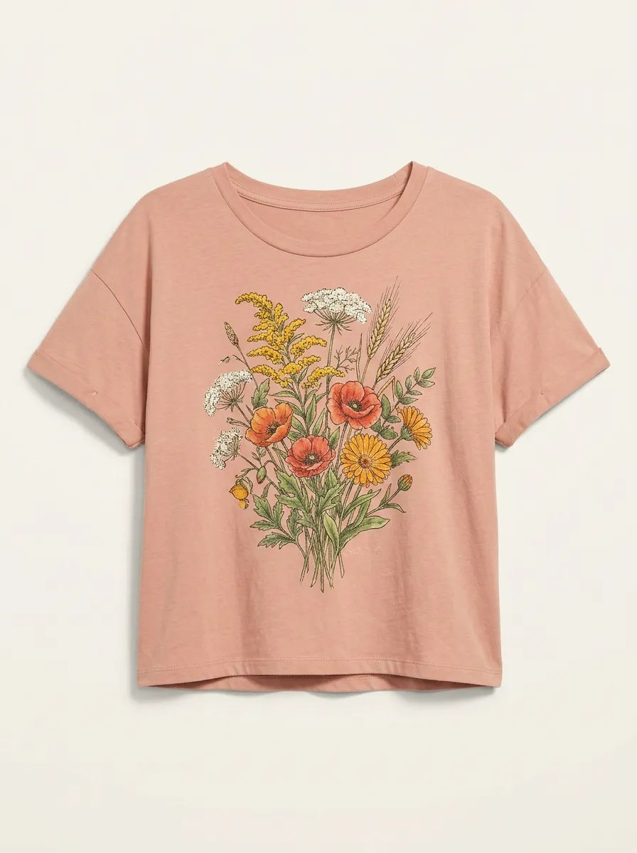 Women's Floral Graphic Crewneck T-Shirt Dropped-Shoulder