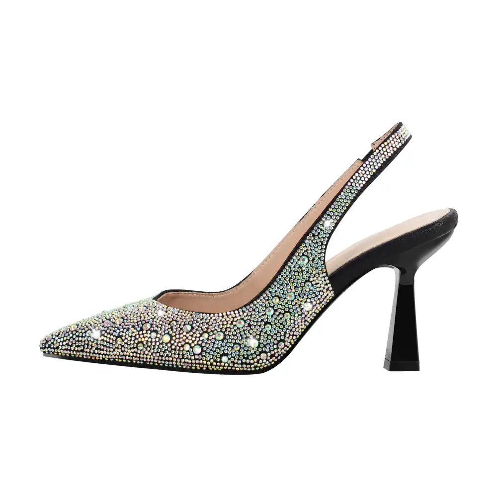 Rhinestone Pointed Toe Chunky Heel Slingback Pumps