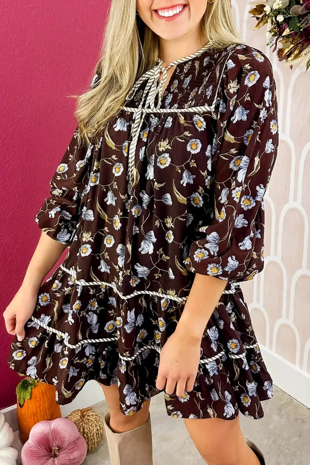 Women's Floral Print V Neck Shift Shirred Mini Dress