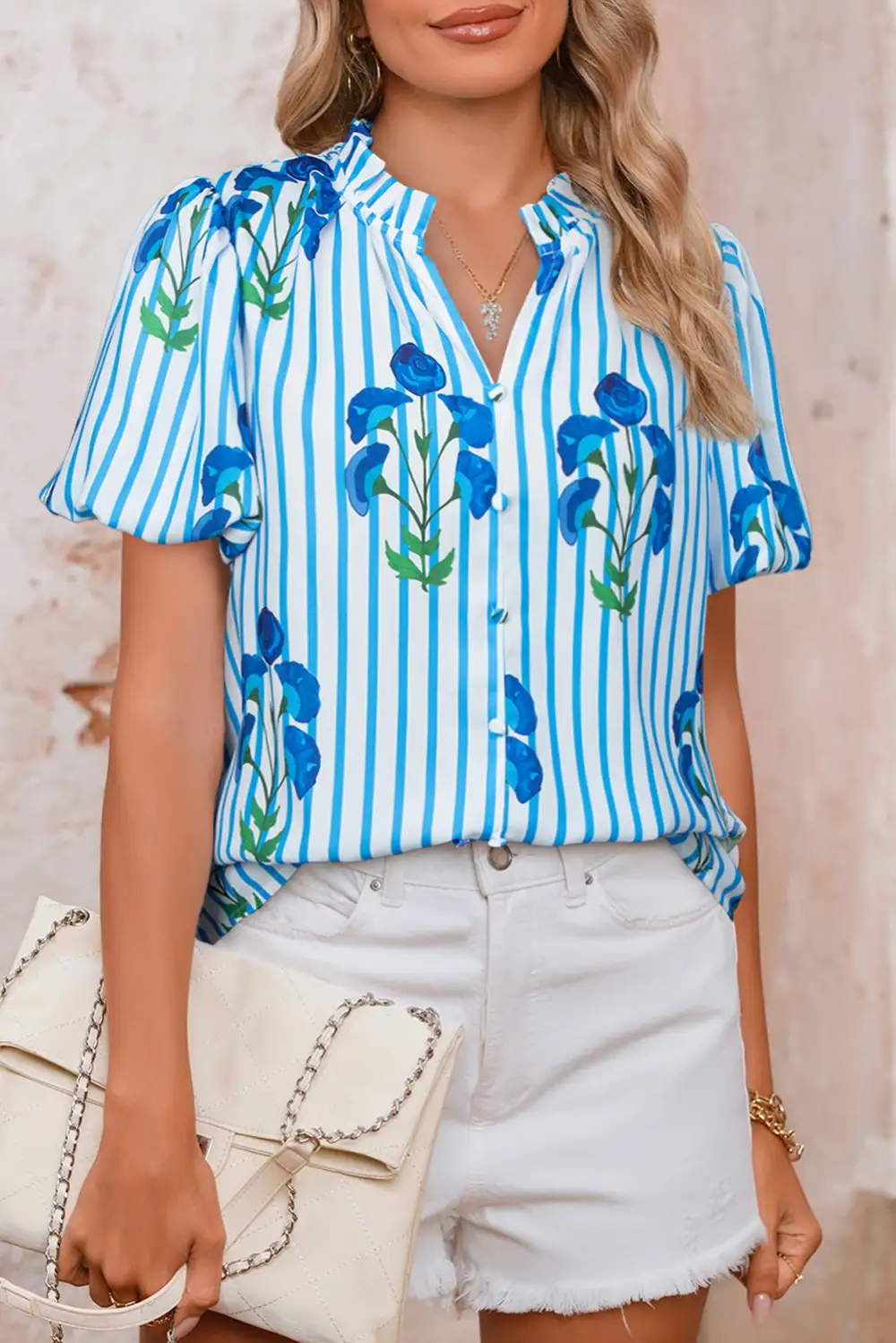 Striped Floral Notched Neck Blouse