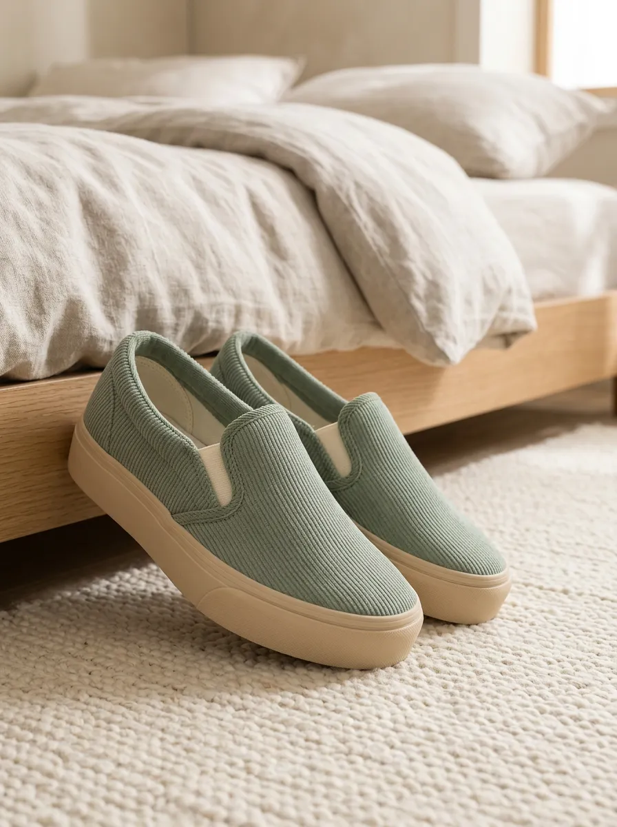 Women's Sage Green Corduroy Slip-on Platform Shoes