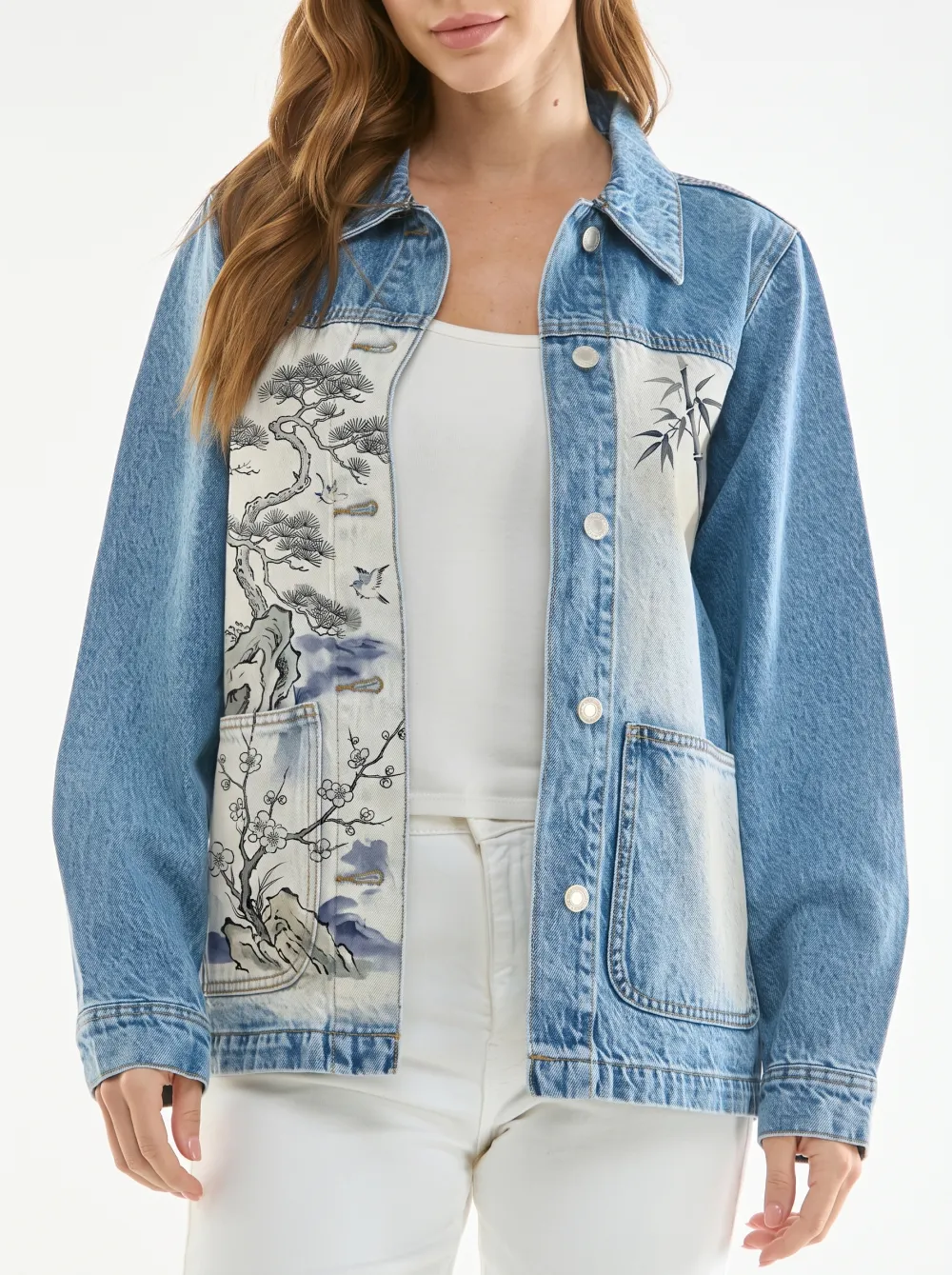 Women's Asian Art Lover Bonsai Bamboo Printed Denim Jacket