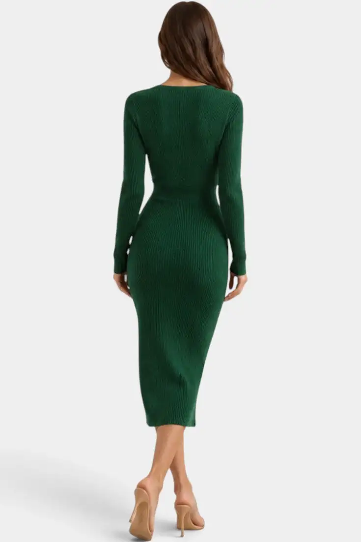 Ribbed-Knit V-Neck Midi Dress