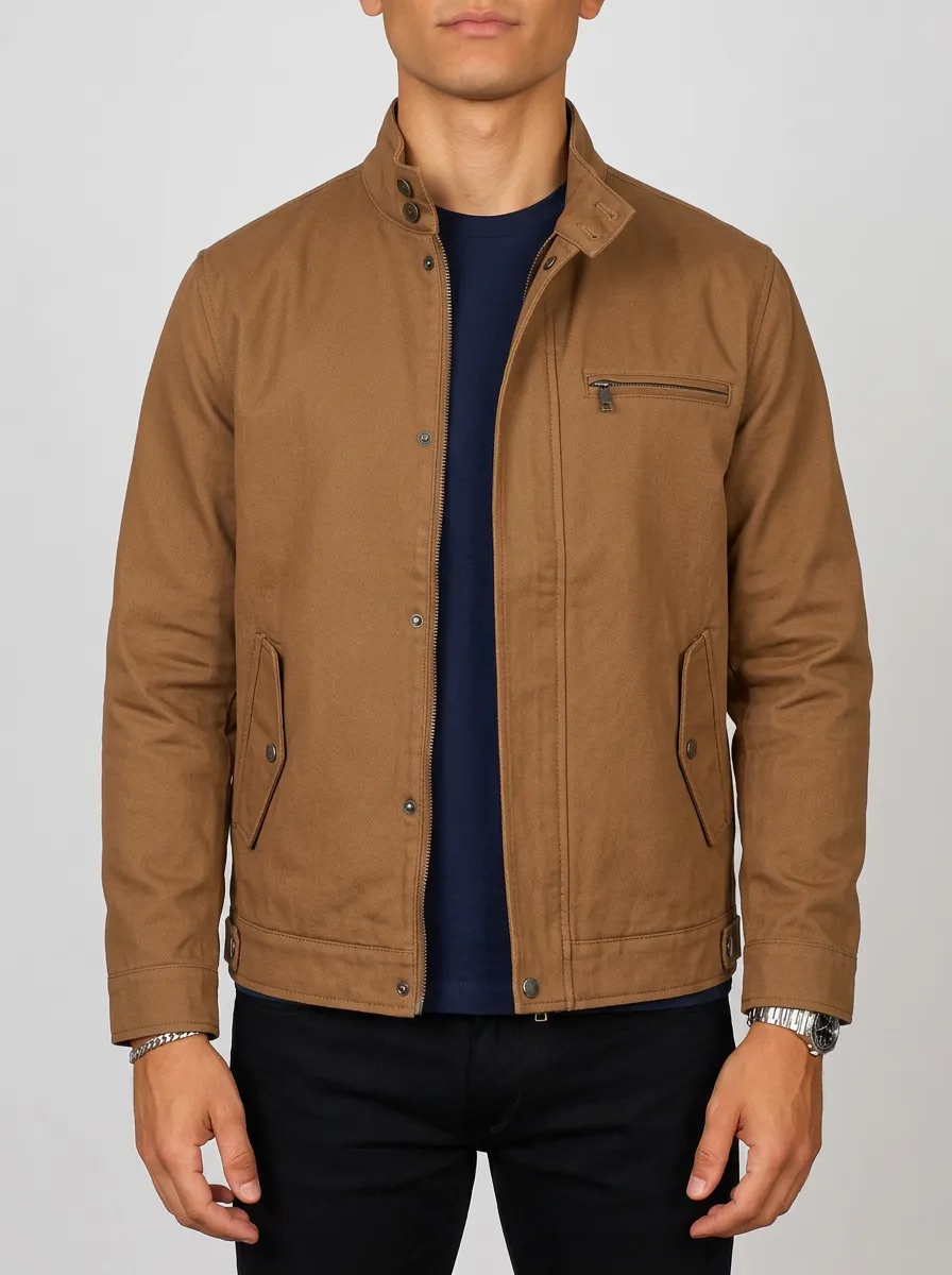 Men's Casual Brown Stand Collar Zip-Up Utility Jacket